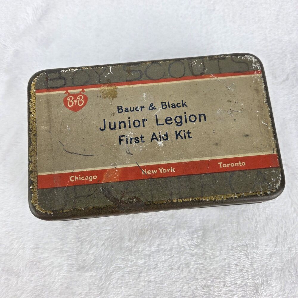 Vintage Bauer & Black Junior Legion First Aid Kit Tin Box Empty 5.25" x 3.25"